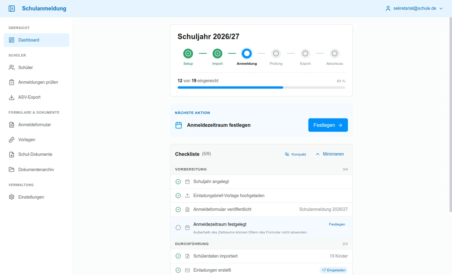 Dashboard: Schuljahr-Fortschritt, Checkliste und nächste Schritte